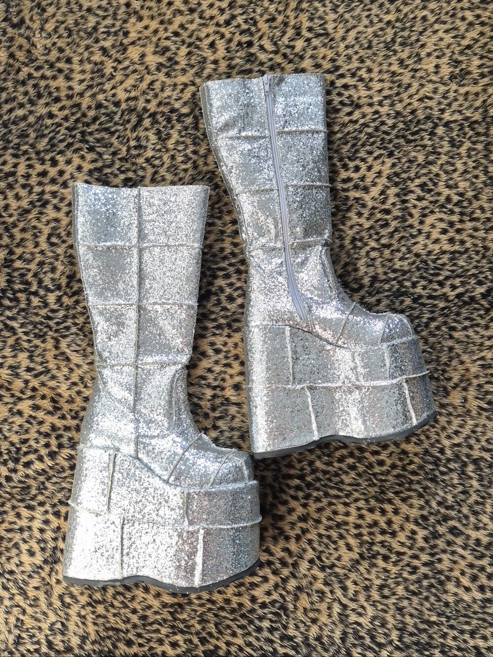 Demonias Silver Glitter Double Stacked Platform Boots Glam Rock Cyber Goth Raver